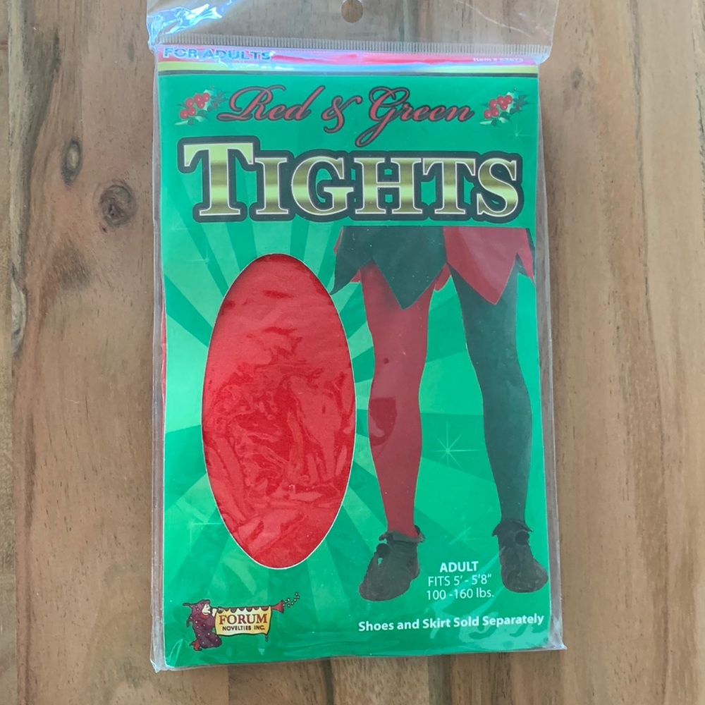 NWT Adult costume elf tights. One red leg, one green. Fits 5-5’8